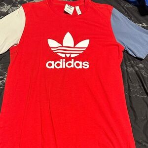 Adidas Red T-Shirt with Multicolor Sleeves